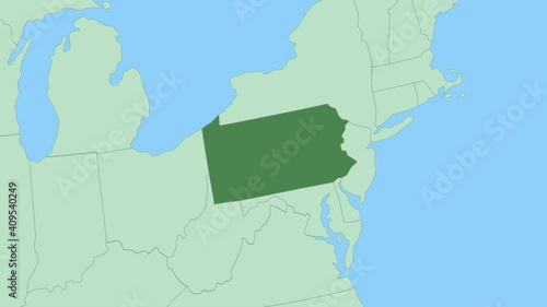 Map of Pennsylvania with pin of country capital. Pennsylvania Map with neighboring countries in green color.
