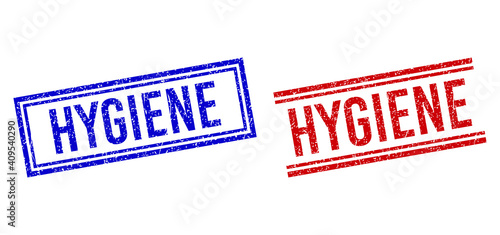 HYGIENE rubber imitations with distress texture. Vectors designed with double lines, in blue and red variants. Word placed inside double rectangle frame and parallel lines.