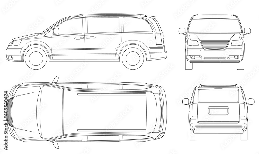 Passenger Van or Minivan Car vector template on white background. Compact crossover, SUV, 5-door minivan car. Car line. - obrazy, fototapety, plakaty 