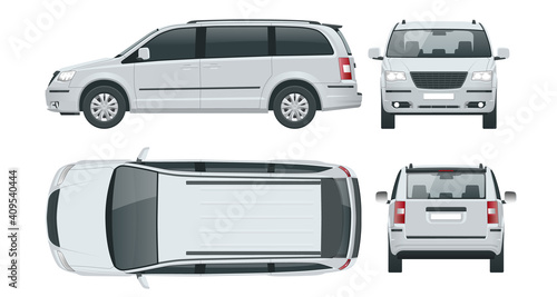 Passenger Van or Minivan Car vector template on white background. Compact crossover, SUV, 5-door minivan car. View front, rear, side, top. photo