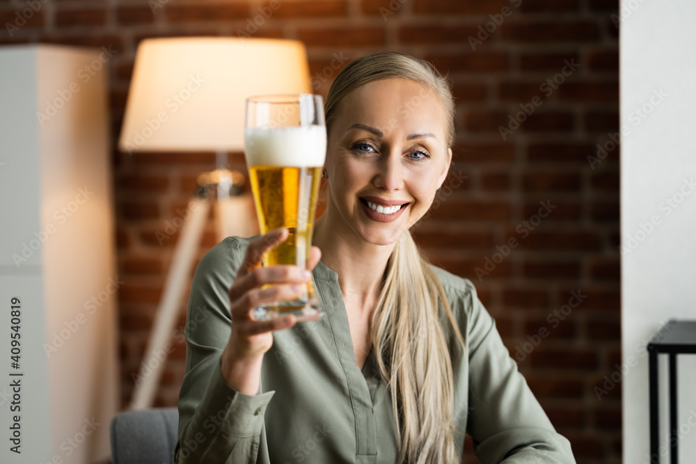 Woman Drinking Beverage Beer In Video Conference Woman Drinking Beverage Beer In Video Conference