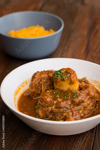 sous vide beef shank with tomato herb sauce and mashed sweet pumpkin