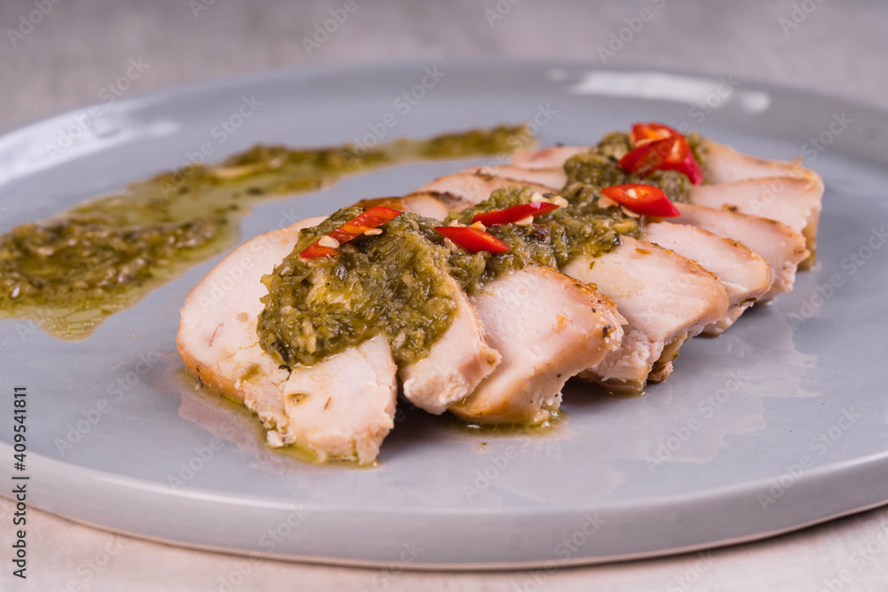 stir fried rosemary chicken breast with spicy chimichurri sauce stir fried rosemary chicken breast with spicy chimichurri sauce