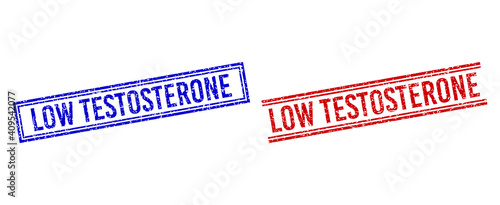 LOW TESTOSTERONE rubber overlays with grunge style. Vectors designed with double lines, in blue and red variants. Phrase placed inside double rectangle frame and parallel lines.