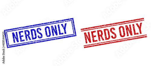 NERDS ONLY rubber watermarks with grunge texture. Vectors designed with double lines, in blue and red versions. Caption placed inside double rectangle frame and parallel lines. photo