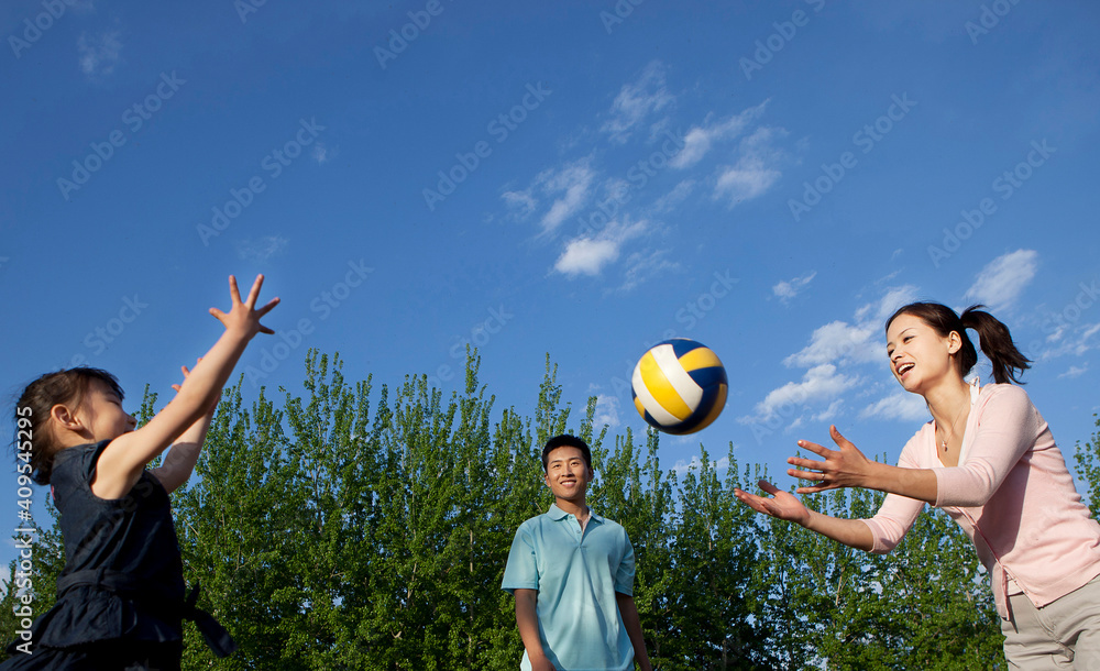 Happy family playing volleyball in park
