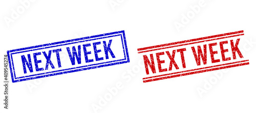 NEXT WEEK stamp imprints with grunge texture. Vectors designed with double lines, in blue and red colors. Label placed inside double rectangle frame and parallel lines.
