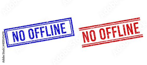 NO OFFLINE rubber imprints with grunge style. Vectors designed with double lines, in blue and red versions. Label placed inside double rectangle frame and parallel lines.