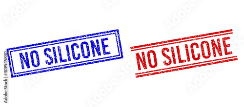 NO SILICONE seal imitations with grunge style. Vectors designed with double lines, in blue and red versions. Tag placed inside double rectangle frame and parallel lines.