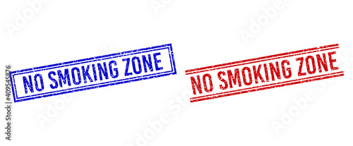 NO SMOKING ZONE rubber imprints with distress style. Vectors designed with double lines, in blue and red variants. Label placed inside double rectangle frame and parallel lines.