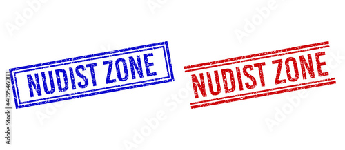 NUDIST ZONE stamp seal watermarks with distress style. Vectors designed with double lines, in blue and red colors. Tag placed inside double rectangle frame and parallel lines.