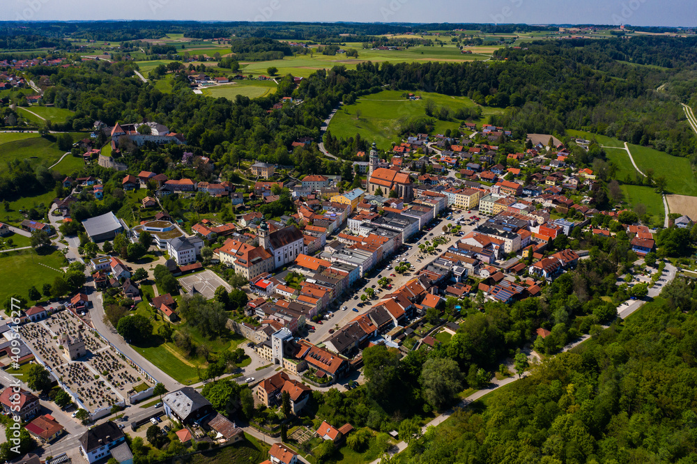 Aerial view of the old town Tittmoning in Germany, Bavaria on a sunny spring day	