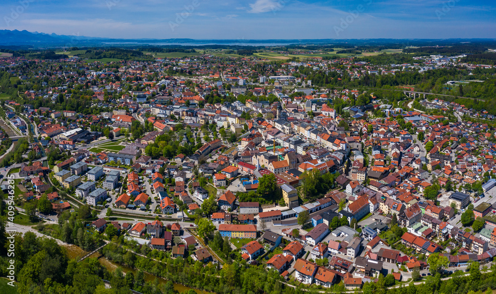 Aerial view of the city Traunstein in Bavaria on a sunny spring day	