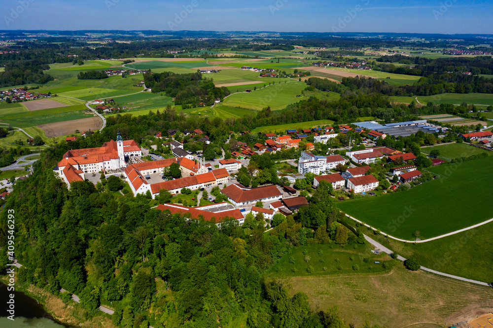 Aerial view of the monastery Attel am Inn in Bavaria on a sunny day in spring	