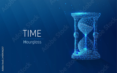 hourglass as a symbol of keeping time . deadline concept. glass flask with sand inside .Time, countdown. vector illustration, triangle, plexus, low poly, looks like constellation  blue background, dot
