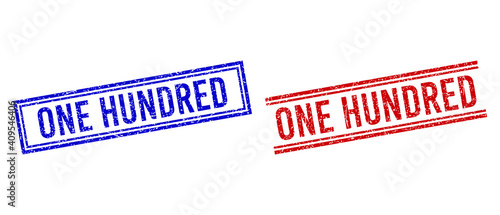 ONE HUNDRED rubber imprints with distress style. Vectors designed with double lines, in blue and red versions. Word placed inside double rectangle frame and parallel lines.