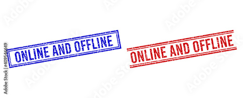 ONLINE AND OFFLINE rubber imitations with distress style. Vectors designed with double lines, in blue and red versions. Caption placed inside double rectangle frame and parallel lines.