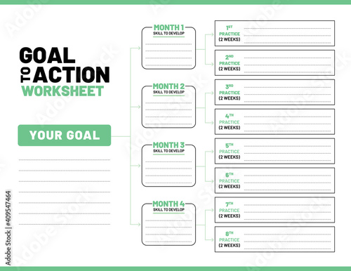 Goal to action worksheet template. Used to plan and track goals, skills to develop and practice over the duration of 4 month. Lifestyle change or self-improvement worksheet. Green color theme. photo