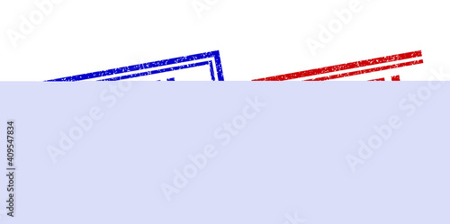 PANEL rubber imitations with distress texture. Vectors designed with double lines, in blue and red versions. Tag placed inside double rectangle frame and parallel lines.