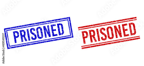 PRISONED rubber overlays with grunge effect. Vectors designed with double lines, in blue and red colors. Tag placed inside double rectangle frame and parallel lines.