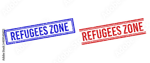 REFUGEES ZONE rubber imitations with distress texture. Vectors designed with double lines, in blue and red variants. Word placed inside double rectangle frame and parallel lines.