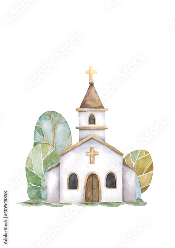 Foto Church Hand drawn watercolor isolated illustration for easter, wedding, greeting