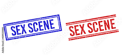 SEX SCENE rubber imprints with grunge style. Vectors designed with double lines, in blue and red versions. Label placed inside double rectangle frame and parallel lines.