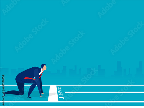 Businessman starting line and ready to New Year 2021 blue background Vector illustration