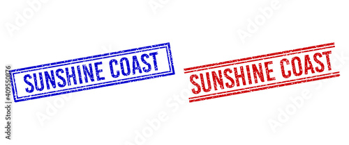 SUNSHINE COAST rubber imprints with grunge effect. Vectors designed with double lines, in blue and red variants. Caption placed inside double rectangle frame and parallel lines.