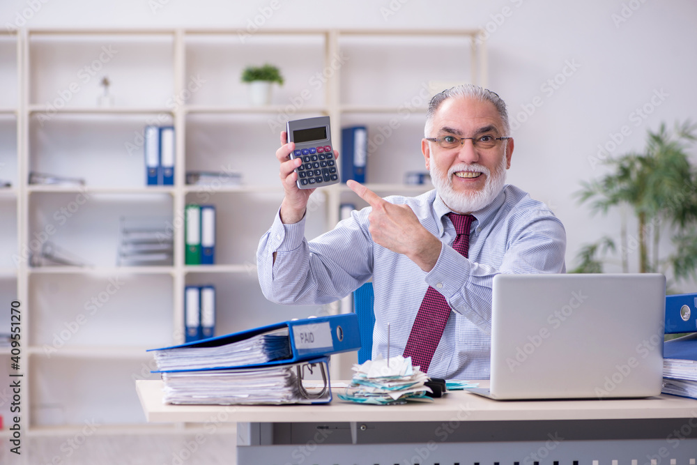 Old male accountant in budget planning concept in the office Old male accountant in budget planning concept in the office