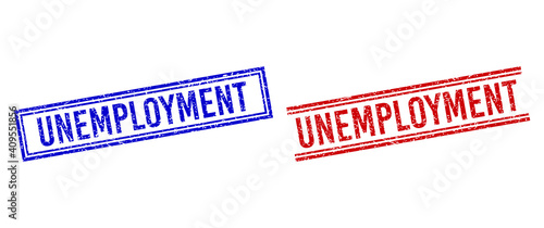 UNEMPLOYMENT seal watermarks with grunge style. Vectors designed with double lines, in blue and red versions. Tag placed inside double rectangle frame and parallel lines.