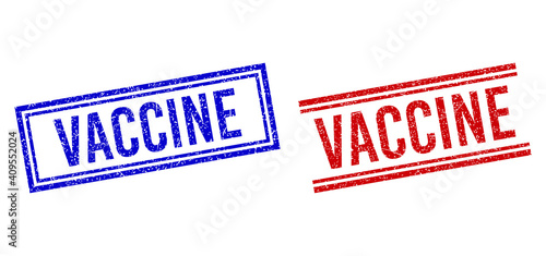VACCINE rubber overlays with grunge style. Vectors designed with double lines, in blue and red variants. Word placed inside double rectangle frame and parallel lines.
