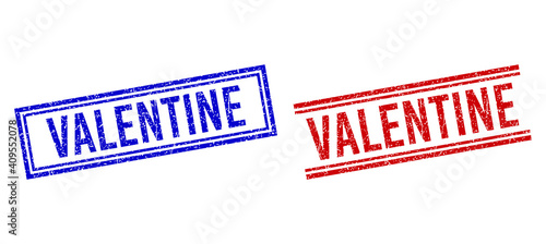 VALENTINE rubber overlays with distress effect. Vectors designed with double lines, in blue and red colors. Caption placed inside double rectangle frame and parallel lines.