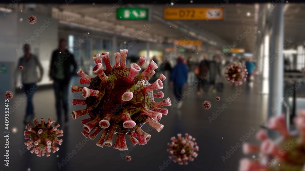 Flu coronavirus floating on air at passenger boarding area terminal airport