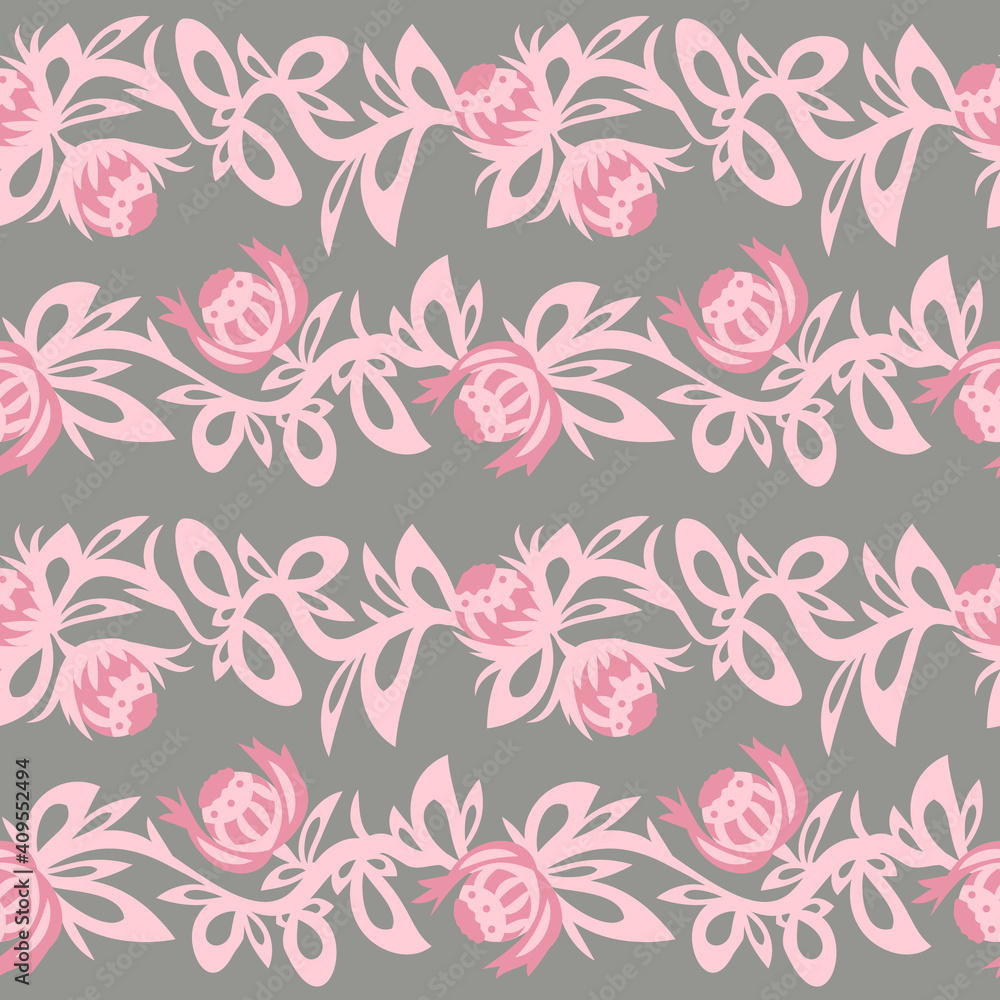 Pink folk flowers seamless pattern