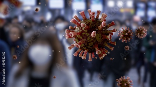 Concept of covid19 quarantine MERS-Cov. Flu coronavirus floating over people © REC Stock Footage