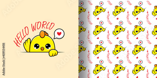 Cute chicks waving wing mascot illustration – seamless pattern
