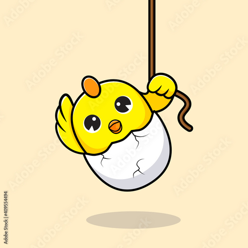 Cute chicks hold on the rope vector mascot illustration