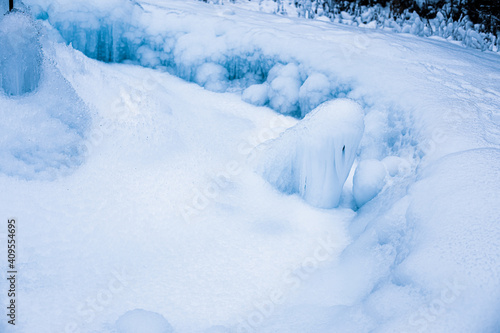 Icicles formed around frozen geyser.Winter image.High quality photo © Munka