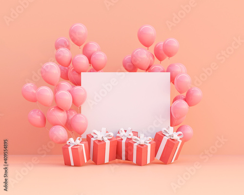 3d rendering. Balloon and gift box on pastel pink background with copy space. Valentine's day, brithday, Scene mock up,  presentation