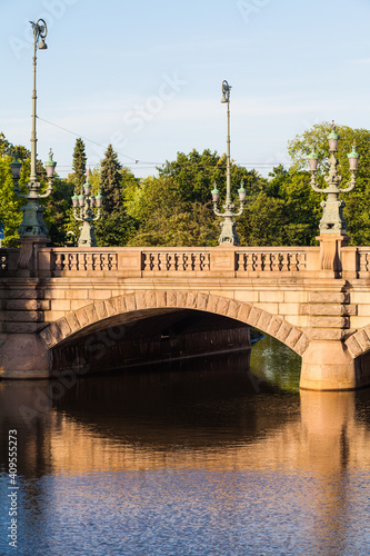 A classic cityscape of the moat and a bridge in Gothenburg downtown, Sweden