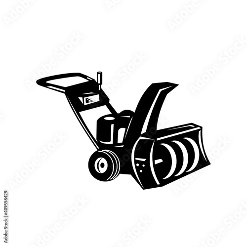 Snow Blower or Snow Thrower Cartoon Retro Woodcut Black and White