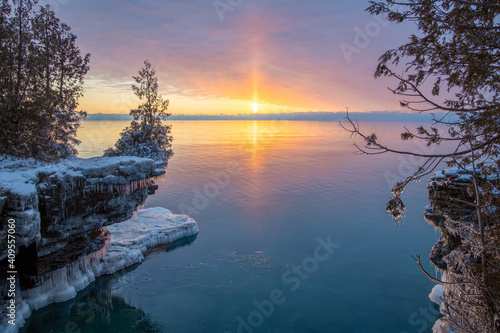 Cave Point Sunrise in Door County Wisconsin Covered in Ice
