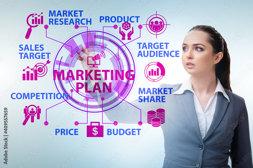 Marketing plan concept illustration with businesswoman Marketing plan concept illustration with businesswoman
