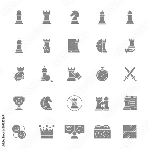 Set of chess gray icon. Board game, king, queen, bishop, pawn, rook, knight and more.