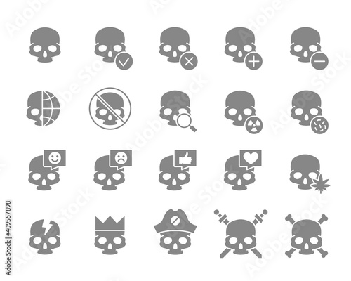 Set of human skulls grey icon. Healthy cranium, diseases of bones of the head, treatment and more.