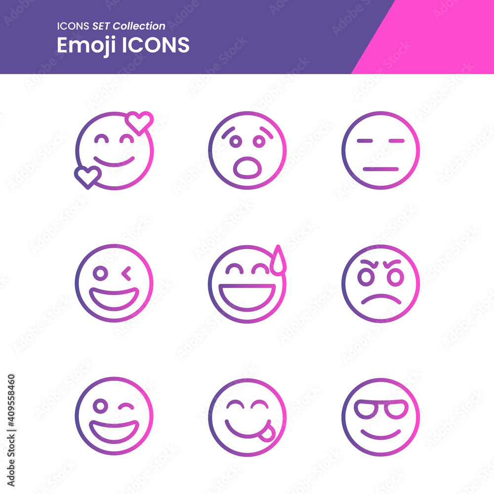 Gradient icons set of love, angry, shy and many more with outline vector style. perfect use for web pattern design etc.