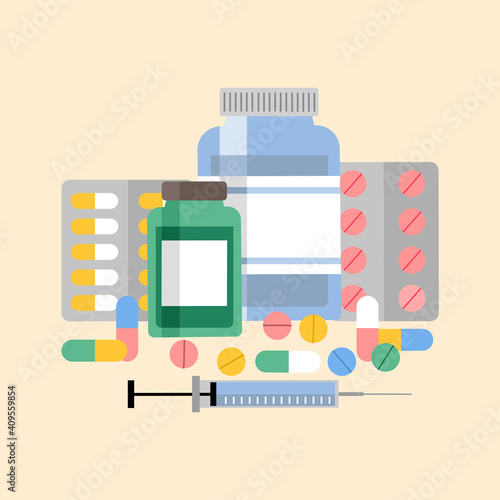 Medicine bottles, tablets, capsules and injection syringe in flat design. Medication drugs pharmacy concept vector illustration.