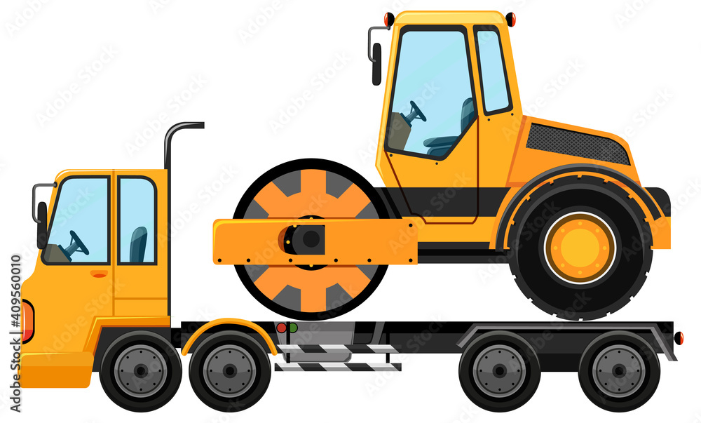 Tow truck carrying road roller