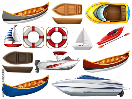 Set of different kind of boats and ship isolated on white background